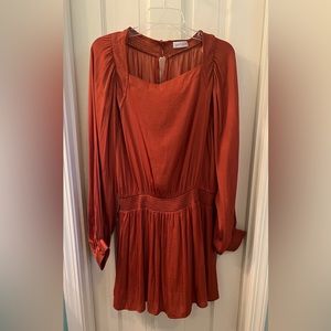Long-Sleeve Rust Mini Dress with Drop Waist | Vestique - Size Large
